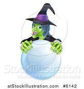 Vector Illustration of a Green Halloween Witch Behind a Crystal Ball by AtStockIllustration