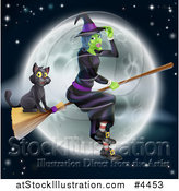 Vector Illustration of a Green Halloween Witch Flying with a Cat on a Broomstick Against a Full Moon by AtStockIllustration