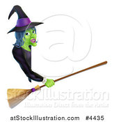 Vector Illustration of a Green Halloween Witch Holding a Broom and Pointing to a Sign Board by AtStockIllustration