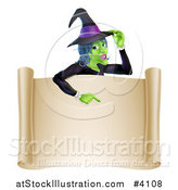 Vector Illustration of a Green Halloween Witch Poinging down to a Scroll Sign by AtStockIllustration