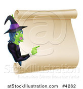 Vector Illustration of a Green Halloween Witch Pointing to a Scroll Sign by AtStockIllustration