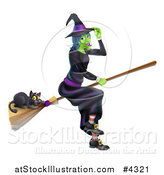 Vector Illustration of a Green Halloween Witch Tipping Her Hat and Flying with a Black Cat on a Broomstick by AtStockIllustration