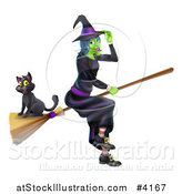 Vector Illustration of a Green Halloween Witch Tipping Her Hat and Flying with a Cat on a Broomstick by AtStockIllustration