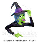 Vector Illustration of a Green Halloween Witch Touching Her Hat and Pointing down to a Sign by AtStockIllustration