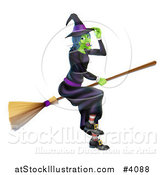 Vector Illustration of a Green Hallowen Witch Tipping Her Hat and Flying on a Broom by AtStockIllustration