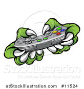 Vector Illustration of a Green Monster Claws Playing a Video Game with a Controller by AtStockIllustration