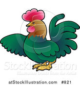 Vector Illustration of a Green Rooster with a Brown Head and Red Comb, Using His Wing to Point to the Left by AtStockIllustration