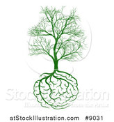 Vector Illustration of a Green Tree with Brain Roots and Bare Branches, Symbolizing Memory Loss by AtStockIllustration