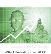 Vector Illustration of a Green Virtual Man Pushing Buttons on an Interface by AtStockIllustration