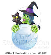 Vector Illustration of a Green Witch and Black Cat Behind a Happy Halloween Crystal Ball by AtStockIllustration