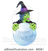 Vector Illustration of a Green Witch Behind a Happy Halloween Crystal Ball by AtStockIllustration