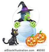 Vector Illustration of a Green Witch with a Crystal Ball, Black Cat and Halloween Jackolantern Pumpkins by AtStockIllustration