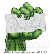 Vector Illustration of a Green Zombie Hand Holding a Happy Halloween Card by AtStockIllustration