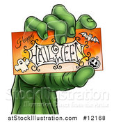 Vector Illustration of a Green Zombie Hand Holding a Happy Halloween Card by AtStockIllustration