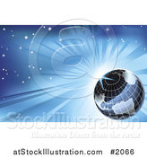 Vector Illustration of a Grid Globe Against a Blue Sunburst Sky by AtStockIllustration