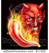 Vector Illustration of a Grinning Cartoon Devil Face and Flaming Hot Chili Pepper on Black by AtStockIllustration