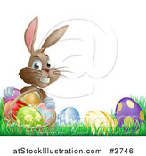 Vector Illustration of a Grinning Easter Bunny with Eggs and a Basket in Grass by AtStockIllustration