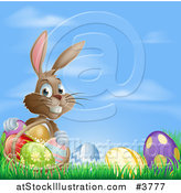 Vector Illustration of a Grinning Easter Bunny with Eggs and a Basket in Grass over Blue Sky by AtStockIllustration