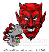 Vector Illustration of a Grinning Evil Red Devil Holding a Video Game Controller by AtStockIllustration