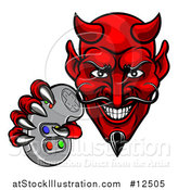 Vector Illustration of a Grinning Evil Red Devil Holding a Video Game Controller by AtStockIllustration