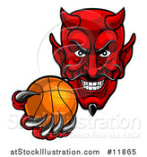 Vector Illustration of a Grinning Evil Red Devil Holding out a Basketball in a Clawed Hand by AtStockIllustration
