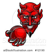 Vector Illustration of a Grinning Evil Red Devil Holding out a Cricket Ball in a Clawed Hand by AtStockIllustration