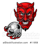 Vector Illustration of a Grinning Evil Red Devil Holding out a Soccer Ball in a Clawed Hand by AtStockIllustration