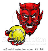 Vector Illustration of a Grinning Evil Red Devil Holding out a Tennis Ball in a Clawed Hand by AtStockIllustration