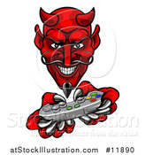 Vector Illustration of a Grinning Evil Red Devil Playing with a Video Game Controller by AtStockIllustration