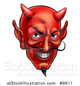 Vector Illustration of a Grinning Red Devil Face with a Goatee and Curling Mustache by AtStockIllustration