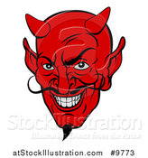 Vector Illustration of a Grinning Red Devil Face with a Goatee and Curling Mustache by AtStockIllustration