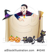 Vector Illustration of a Grinning Vampire Pointing down to a Halloween Scroll Sign with Black Cats Broomstick Witch Hat and Pumpkins by AtStockIllustration
