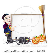 Vector Illustration of a Grinning Vampire Pointing to a Halloween Sign with a Black Cat Broomstick and Pumpkins by AtStockIllustration