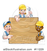 Vector Illustration of a Group of Workers Around a Blank Wooden Sign Sign by AtStockIllustration