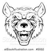 Vector Illustration of a Growling Black and White Aggressive Wolf Face by AtStockIllustration