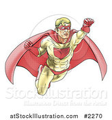 Vector Illustration of a Halftone Dotted Super Hero Flying by AtStockIllustration