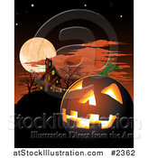 Vector Illustration of a Halloween Jackolantern and Haunted House Under a Full Moon by AtStockIllustration