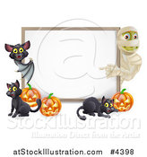 Vector Illustration of a Halloween Mummy and Bat Pointing to a White Board Sign with Pumpkins and Black Cats by AtStockIllustration