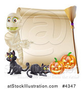Vector Illustration of a Halloween Mummy Pointing to a Scroll Sign with Pumpkins Black Cats and a Broomstick by AtStockIllustration