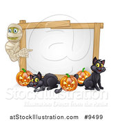 Vector Illustration of a Halloween Mummy Pointing to a White Board Sign with Pumpkins and Black Cats by AtStockIllustration