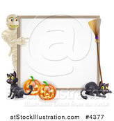 Vector Illustration of a Halloween Mummy Pointing to a White Board Sign with Pumpkins Black Cats and a Broomstick by AtStockIllustration