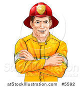 Vector Illustration of a Handsome Brunette Caucasian Fireman Avatar with Folded Arms by AtStockIllustration