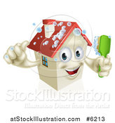 Vector Illustration of a Happy 3d House Character Giving a Thumb up and Cleaning Itself with a Brush by AtStockIllustration
