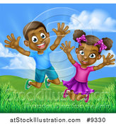 Vector Illustration of a Happy and Excited Black Boy and Girl Jumping Outdoors by AtStockIllustration