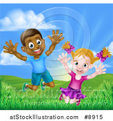 Vector Illustration of a Happy and Excited Black Boy and White Girl Jumping Outdoors by AtStockIllustration