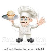 Vector Illustration of a Happy Baker Holding a Cupcake on a Platter by AtStockIllustration