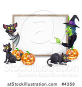 Vector Illustration of a Happy Bat Witch Pumpkins and Black Cats Around a Blank Sign by AtStockIllustration