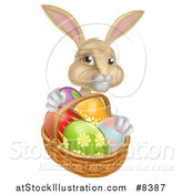 Vector Illustration of a Happy Beige Easter Bunny with a Basket of Eggs by AtStockIllustration