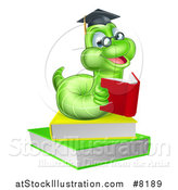 Vector Illustration of a Happy Bespectacled Green Professor or Graduate Earthworm Reading on Books by AtStockIllustration
