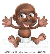 Vector Illustration of a Happy Black Baby Boy in a Diaper, Holding His Arms up by AtStockIllustration